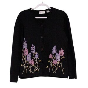 Vintage 90s Cardigan Sweater Size Large Floral Embroidered Grandmacore Ramie